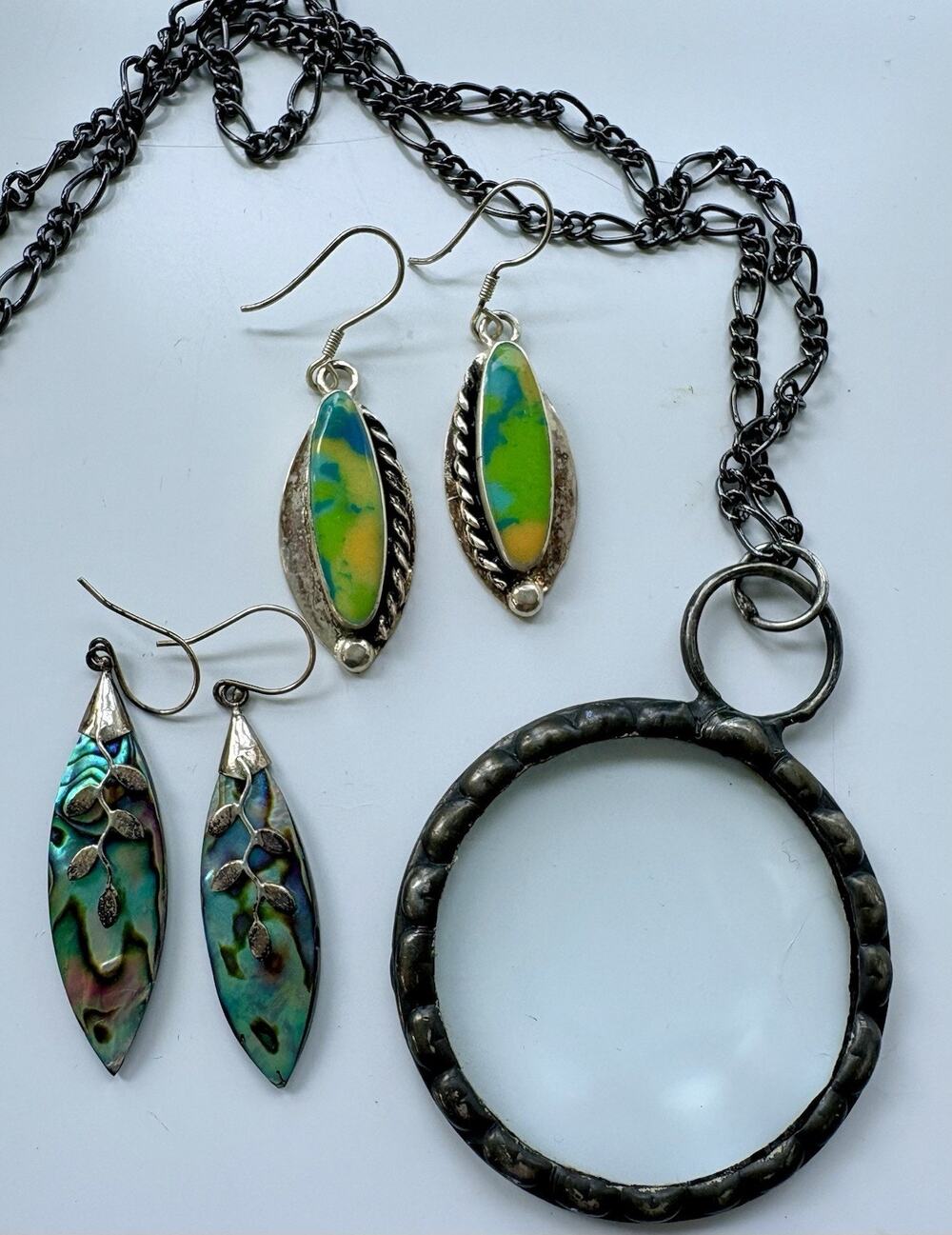 Sterling Earrings Dangle Hook Abalone Jewelry Lot Magnifying Necklace Pendant